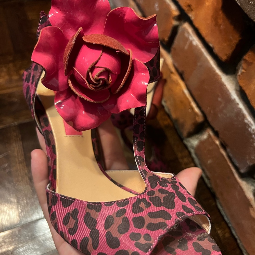 Betsey Johnson Pink Leopard Heels with Floral Accent “Lacy”